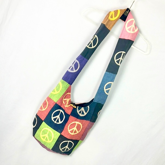 ☮️ Peace Signs Boho Patchwork Style Boho Hobo Hippie Festival Crossbody Bag - Picture 1 of 10